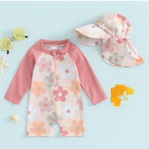 Socutebabe rash-guard & hat Swim Set - Pink and Cream NEW
